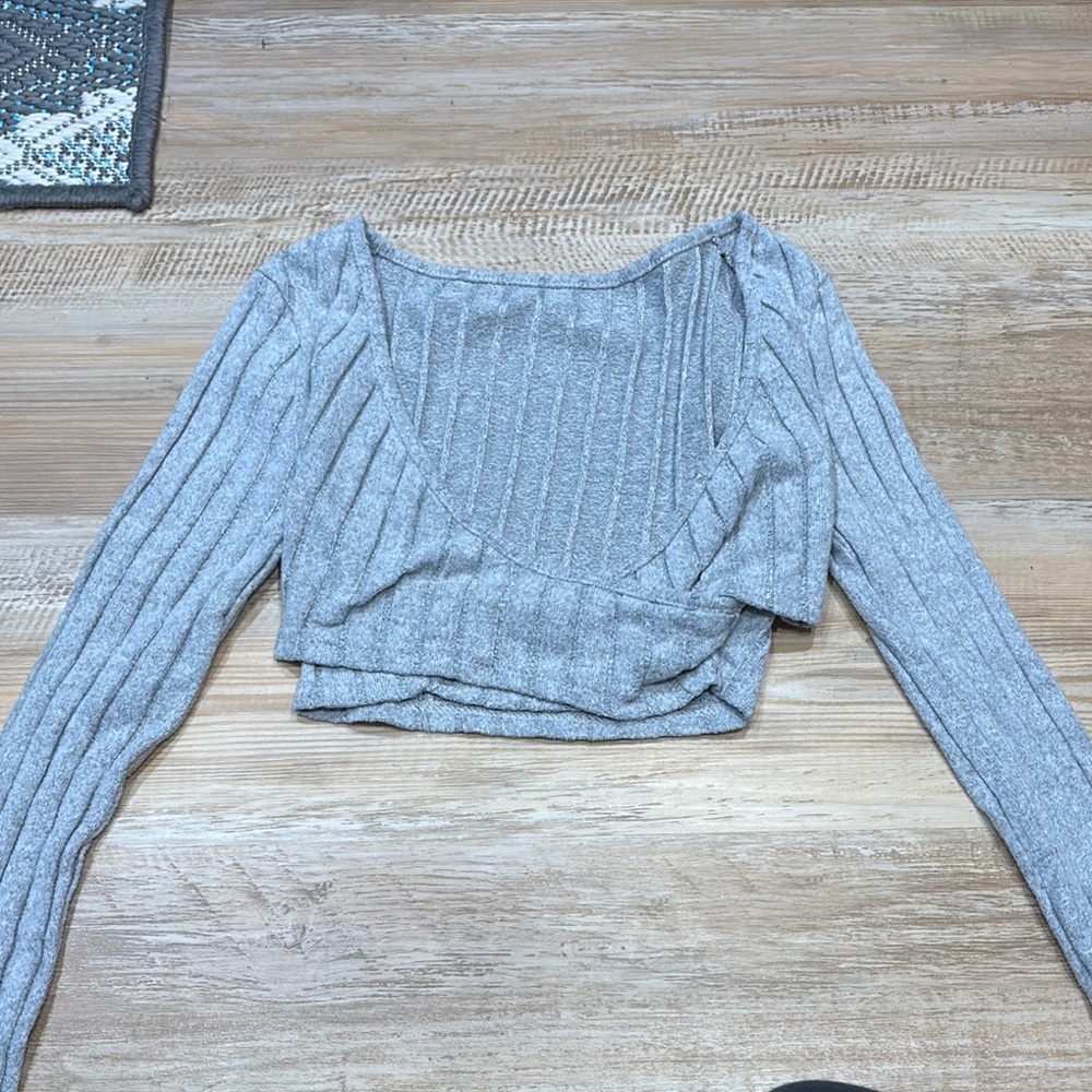 SHEIN Blue Ribbed Crop Blouse Long Sleeve